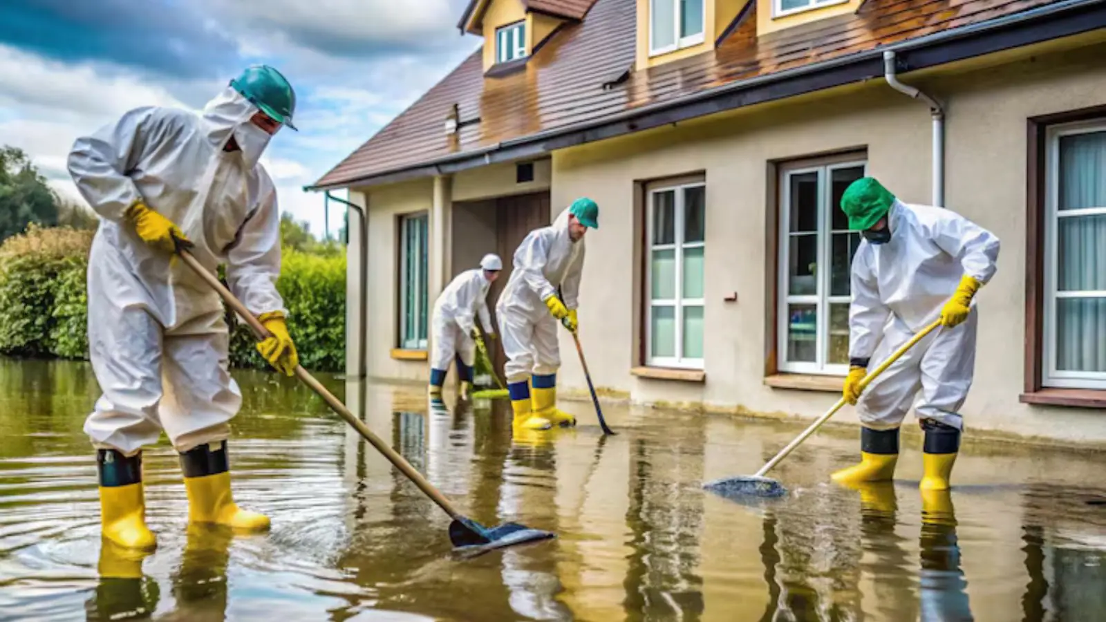 Crew in protective suits and yellow boots clearing floodwater around a house