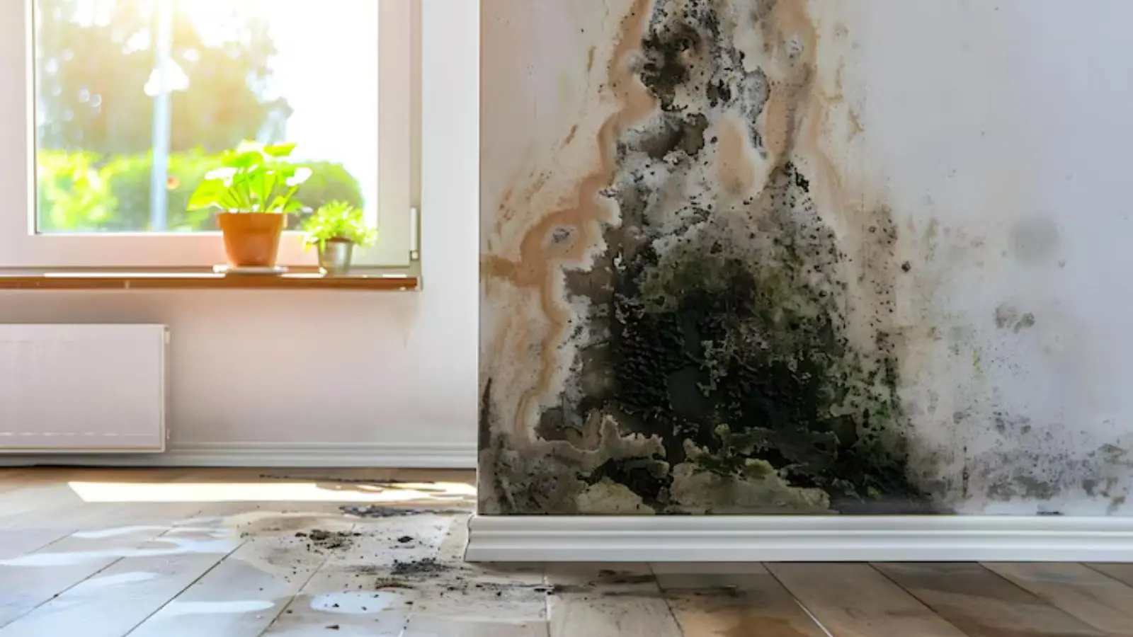 Mold growing in the corner of a room under a window above the baseboard