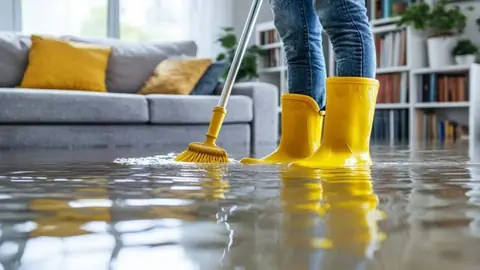 Person in yellow rubber boots sweeping water across a living room floor