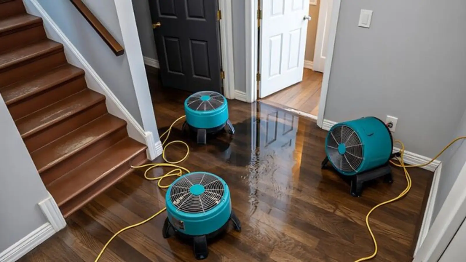 Two air movers drying a hardwood floor beside a staircase