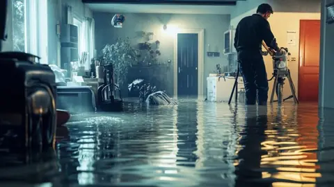 Technician standing in a flooded room of a home with a tripod-mounted camera and equipment